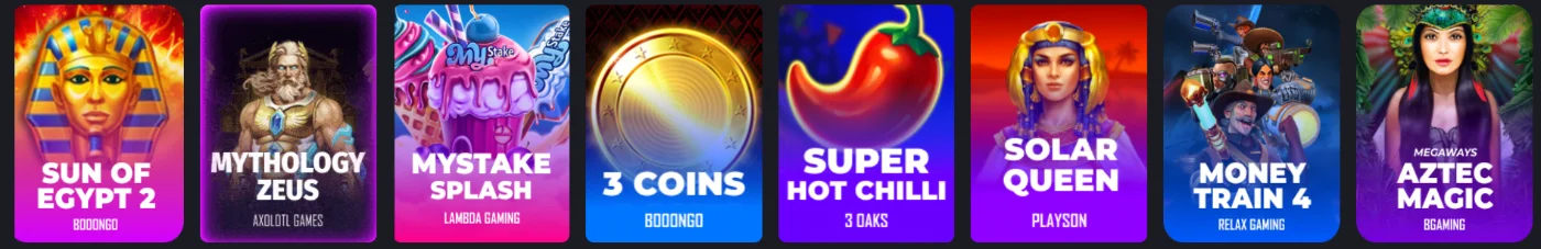 Mystake Casino Juegos de Tragamonedas Mystake Casino con selección de tragamonedas como Sun of Egypt 2, Mythology Zeus, Mystake Splash, 3 Coins y Money Train 4